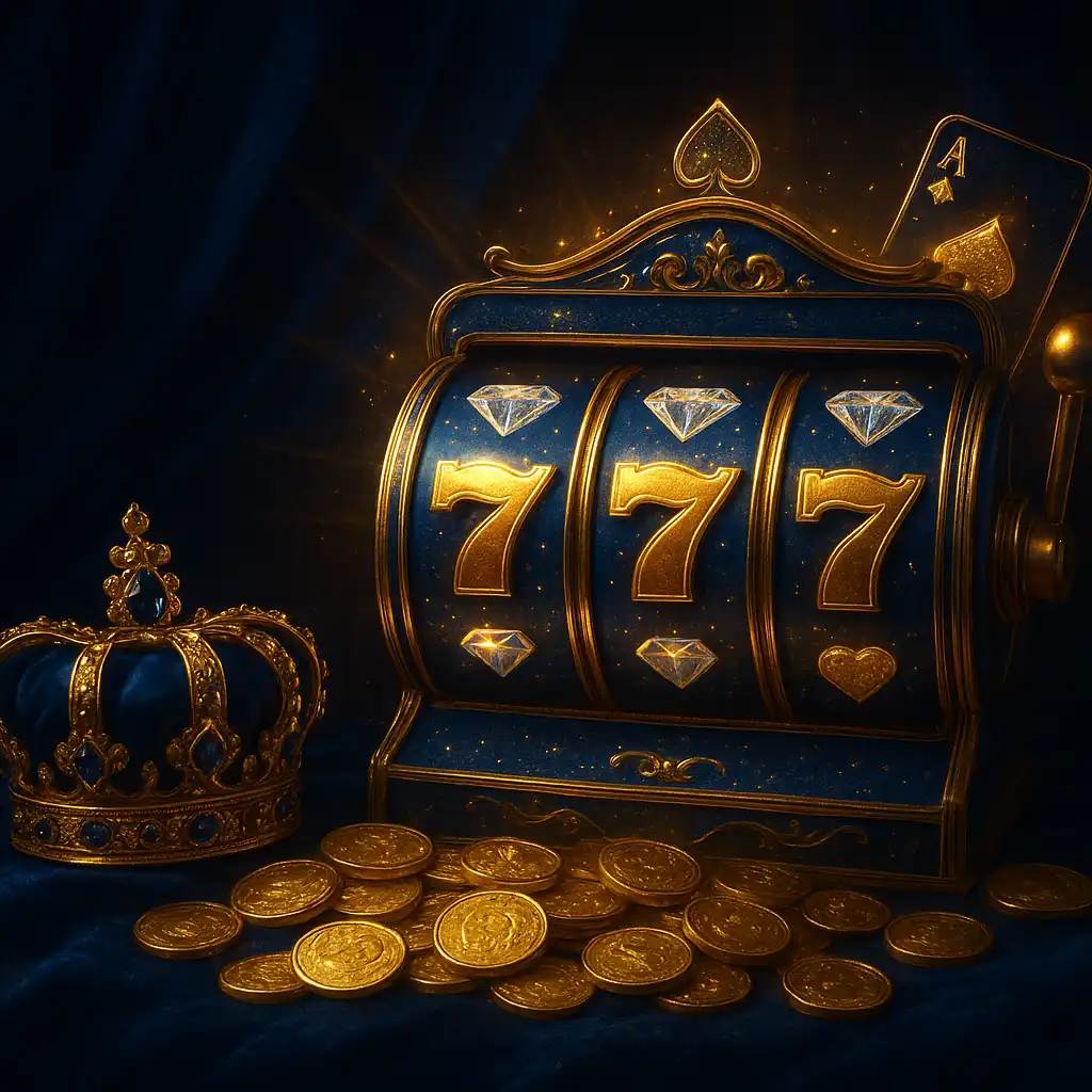 Elegant royal casino scene with glowing slot reels, gold crown and jackpot coins