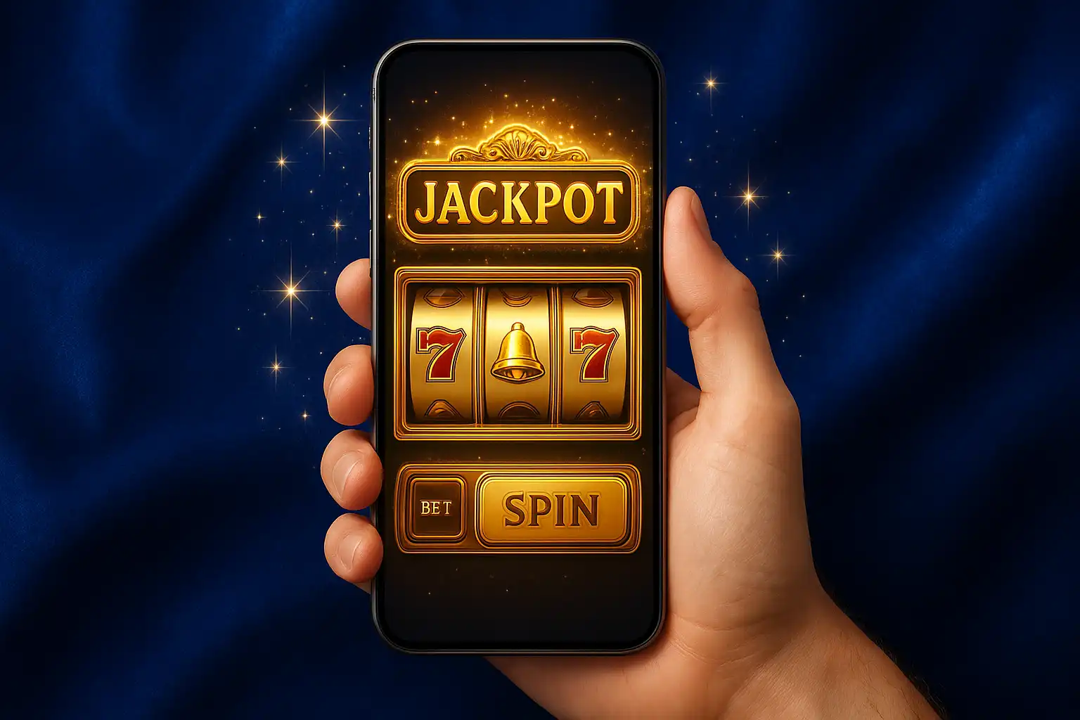 Hand holding a smartphone displaying a golden slot game interface with sapphire background