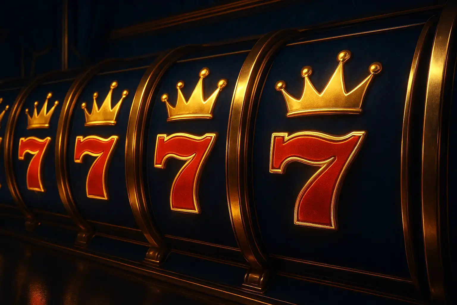 Rows of glowing slot machine reels with gold crown symbols in a royal casino setting