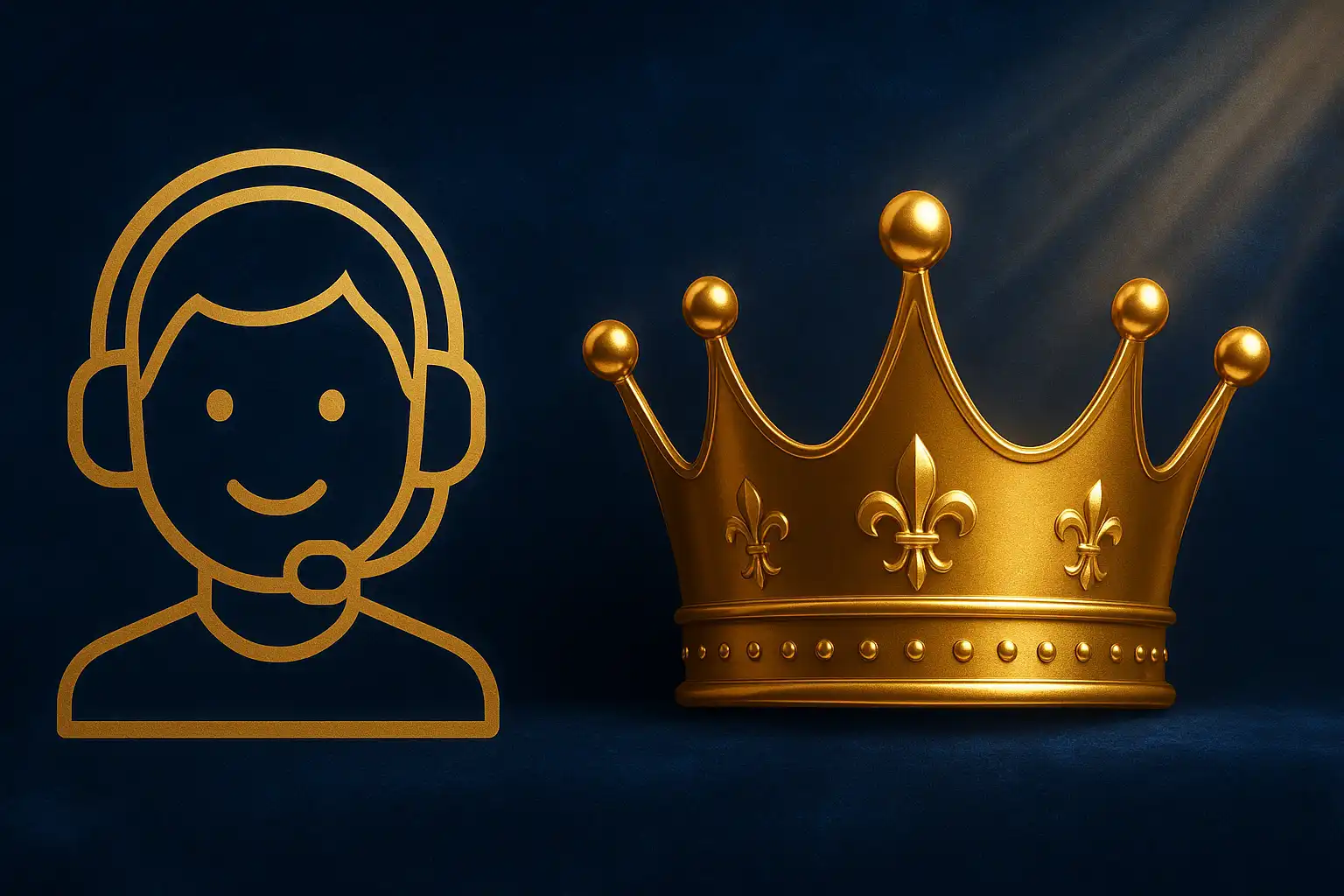 Friendly customer support agent icon beside a golden crown on a sapphire casino background